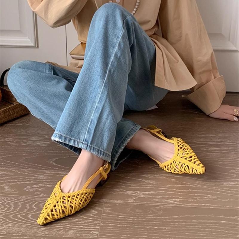 Fashion Elegant Green Openwork Woven Women Pumps Sexy Pointed Toe Square Heel Flat Sandals for Women Summer Fashion Comfort Beach Shoes