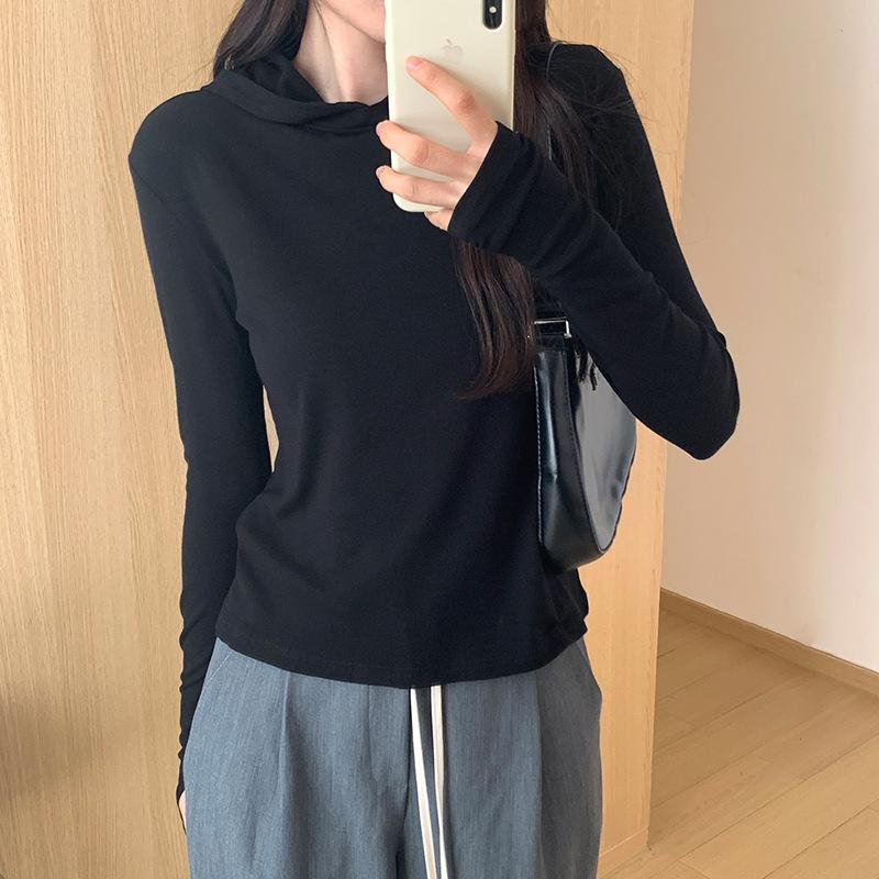 

Однотонная футболка с капюшоном и длинными рукавами для женщин в начале осени, новый дизайн, утягивающая рубашка, повседневный топ XL