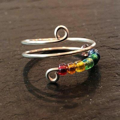 Women Ring Rotatable Adjustable Opening Design Geometric Electroplating Anti Stress Gifts Colorful Rainbow Beads