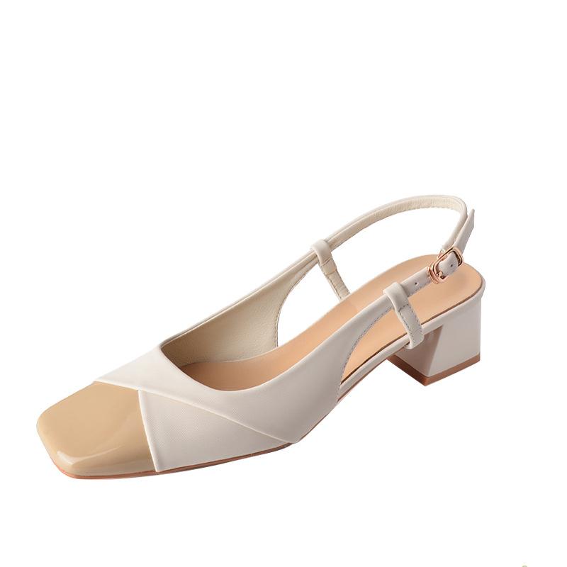 Giant Exquisite Bag Head Sandals Women's Thick Heel Square Head Sheepskin Medium Heel Color Matching Mary Jane Shoes Summer