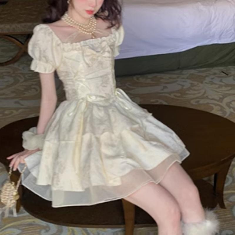 Kawaii Lolita Dress Bandage Sweet Girl Soft Fairy Birthday Party Puff Sleeve Short Dresses Fashion New In