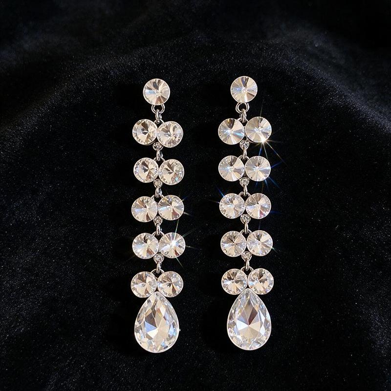 Silver Needle Rhinestone Water Drop Tassel Stud Earrings - Exquisite High-end Light Luxury Ear Jewelry