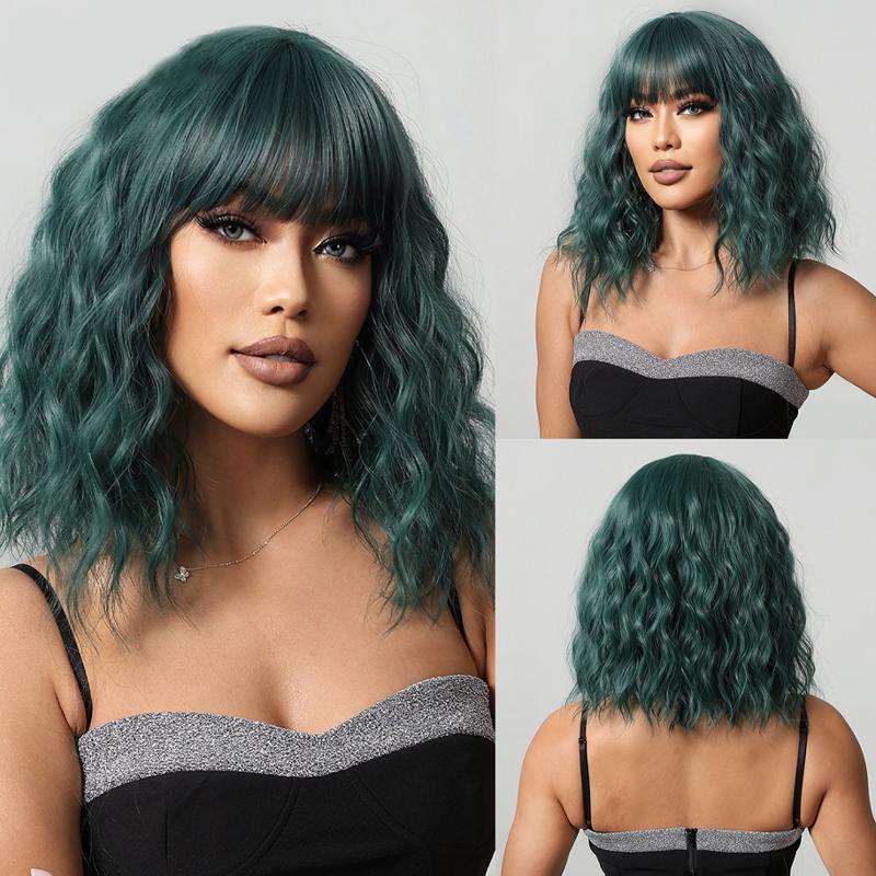 Short Wave Bob Wigs for Women with Bangs Medium Lenth Synthetic Natural Hair Wig for Daily Party Use