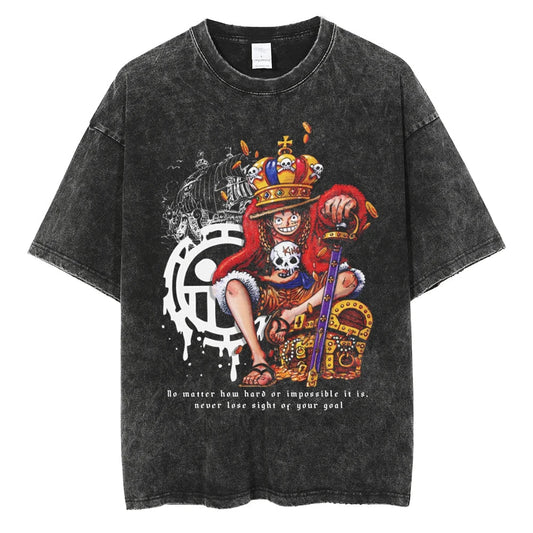 Japanese Anime One Piece Retro Washed Tshirt Men and Women Summer Harajuku YK Clothing Round Neck Short Sleeved Tshirt Unisex