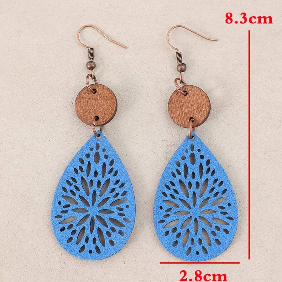 1 Paio Orecchini Pendenti Bohemien Vintage Intagliati a Intarsio in Pelle e Fetta di Legno per Donna