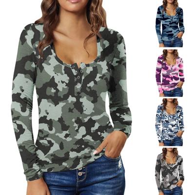 Women's Fashion Long Sleeve Camouflage Button Low Chest Sexy Pullover T-Shirt Top