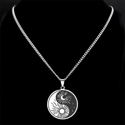 Yin Yang Tai Ji Orakel Sonne und Mond Halskette für Damen Herren Edelstahl Schwarz Weiß Taoismus Anhänger Halsketten Schmuck N2743S05