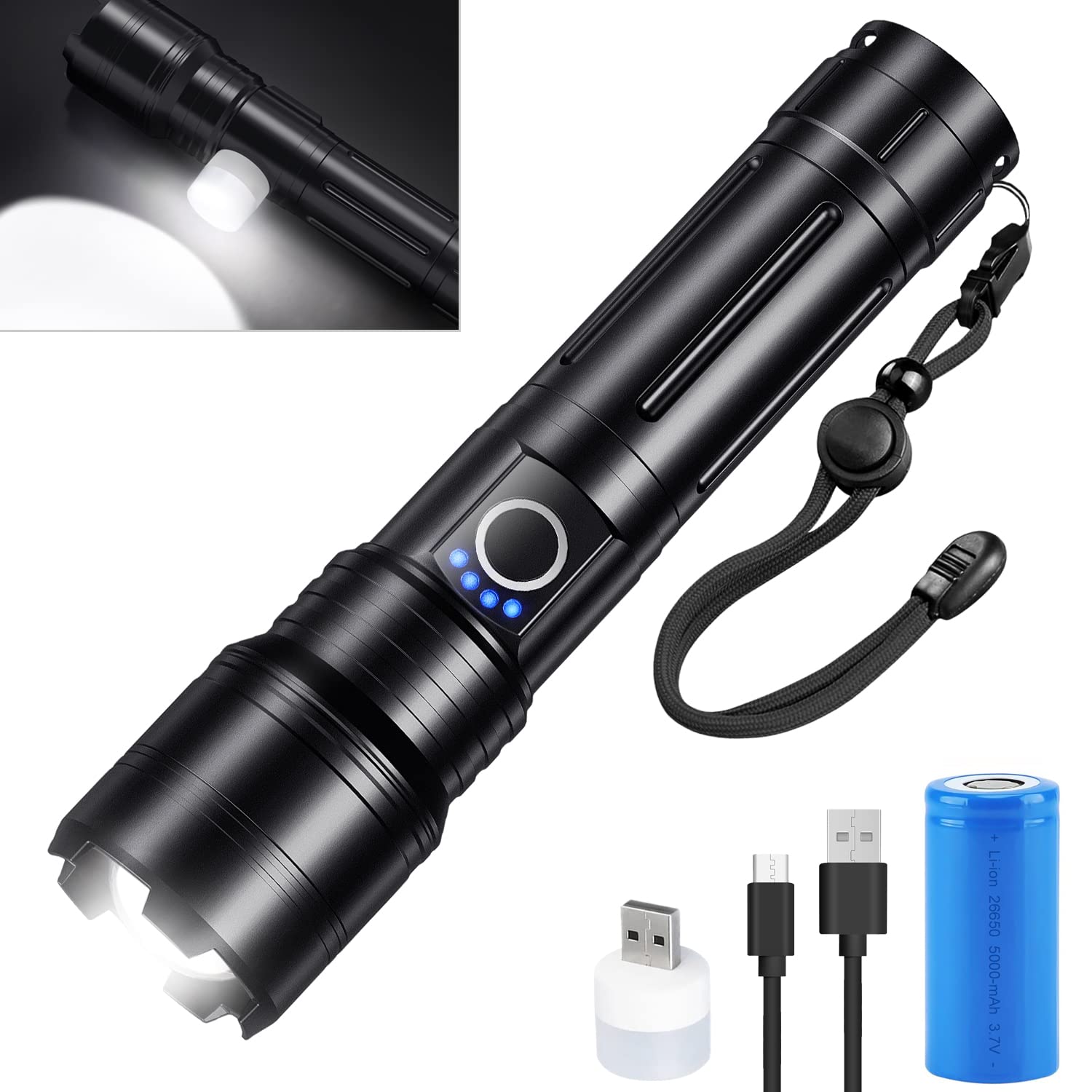 

Powerful LED Flashlight with USB Night 5000mAh Ideal for Outdoor Power Disaster Nighttime and 5 Modes of USB White Red IPX6 Waterproof [Ultra-Bright