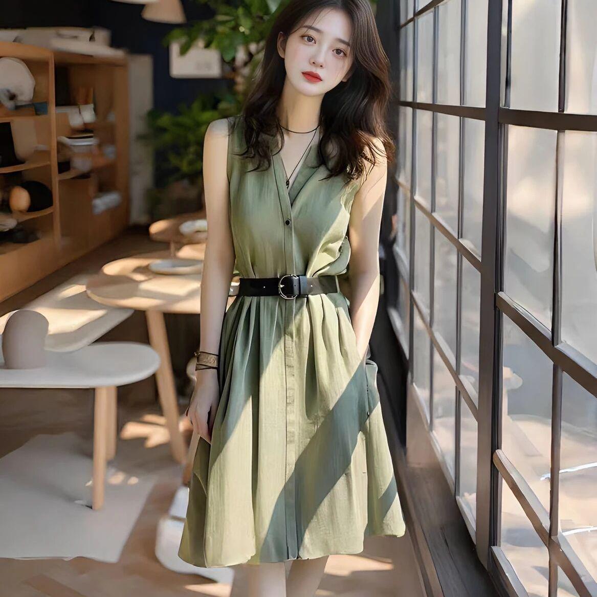 

2026 Summer Slimming Army Green Dress: Light Luxury, Flattering & Stylish for Women Small up to 100 lbs