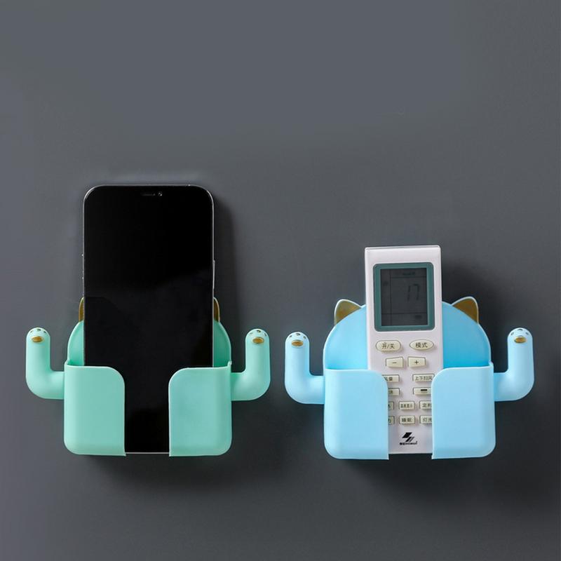 Punch-free Mobile Phone Holder Wall Mount Stand with Hooks Remote Control Organizer Storage Box Charging Bedside Container Rack