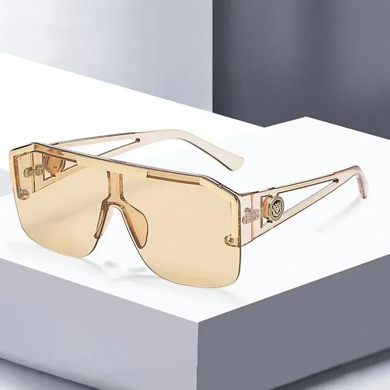 Fashion Luxury Brand Oversized Square Sunglasses Men Women Vintage Metal Big Frame Semi-Rimless One Lens Sun Glasses UV400