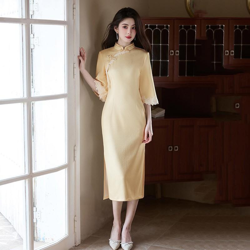 Womens Modern Cheongsam Dress In Yellow Purple Floral Jacquard Stand Collar Five-Sleeve Slim Fit Small