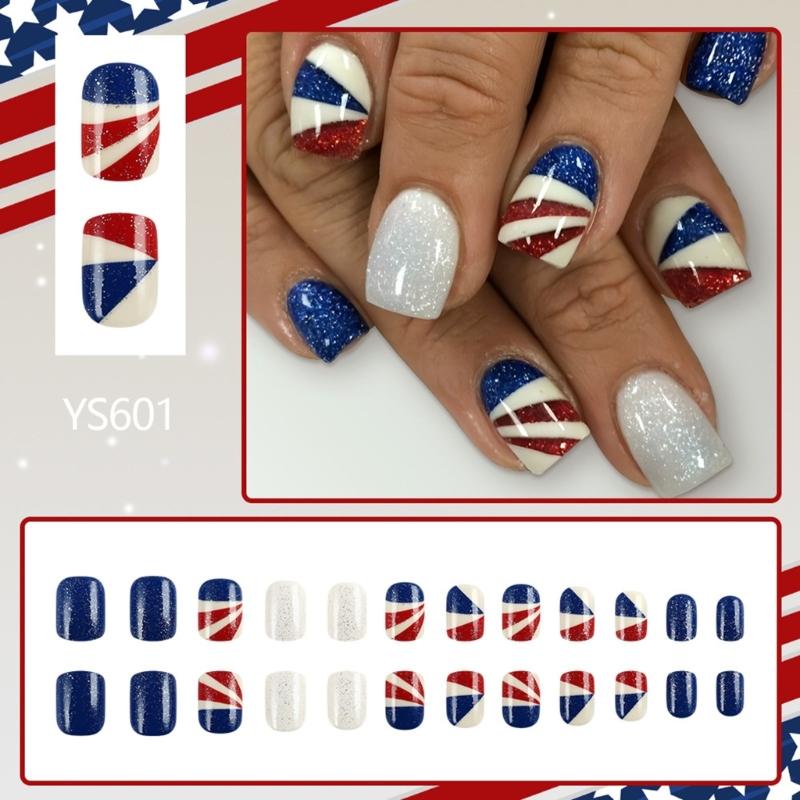 24 Pieces Independence Day Press on Nail Short Square False Nail Full Cover Acrylic Nail Stick On Nail for Women