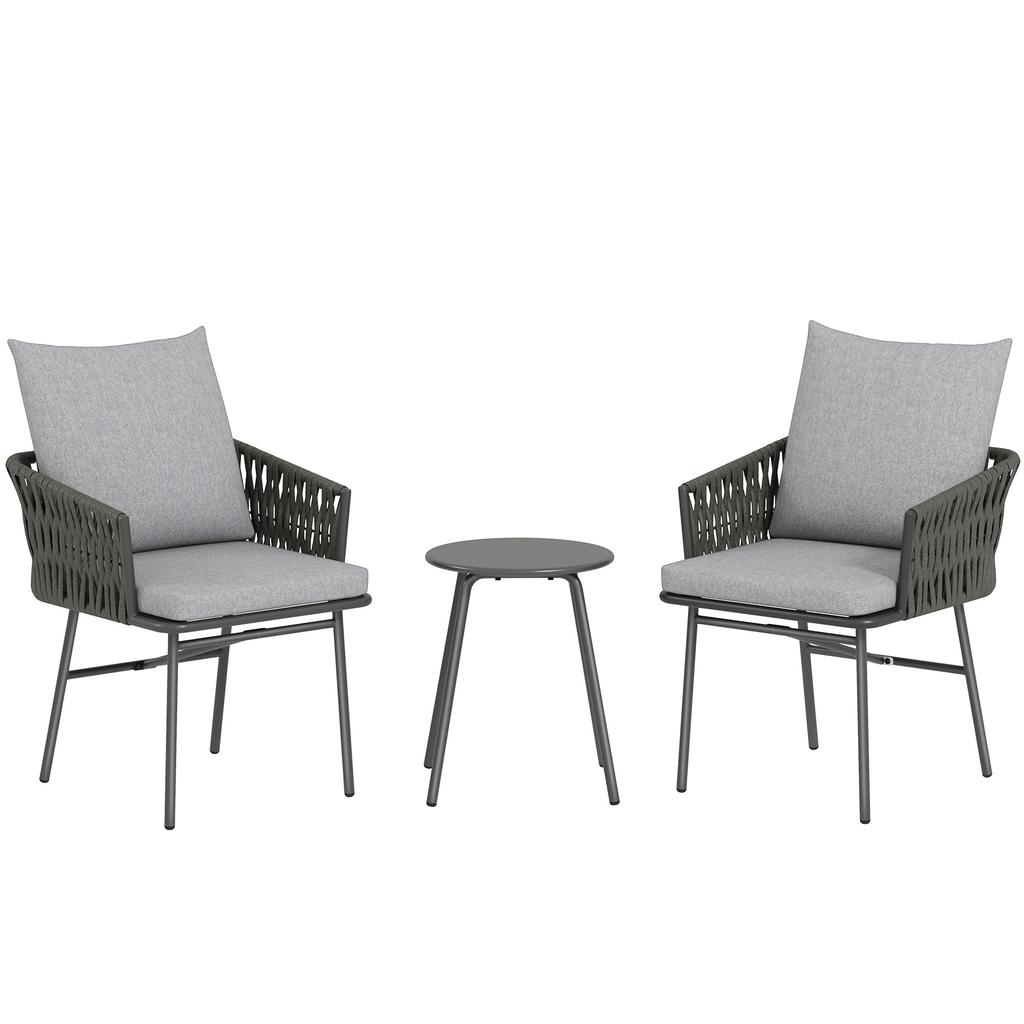 3-Piece Rattan Bistro Set, Garden Table and Chairs with 4 Cushions, Patio Rattan Conversation Furniture Set for Balcony, Porch, Terrace, Grey