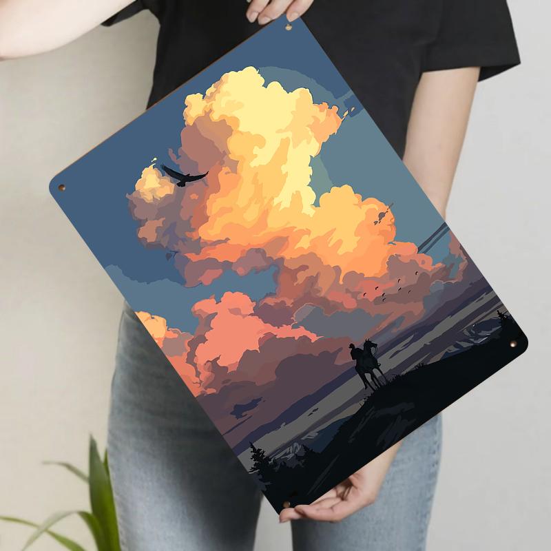 Silhouette of Man on Horseback at Sunset Metal Wall Art Decor for Living Room Bedroom Study Room 20x30cm（7.8x11.8inch）