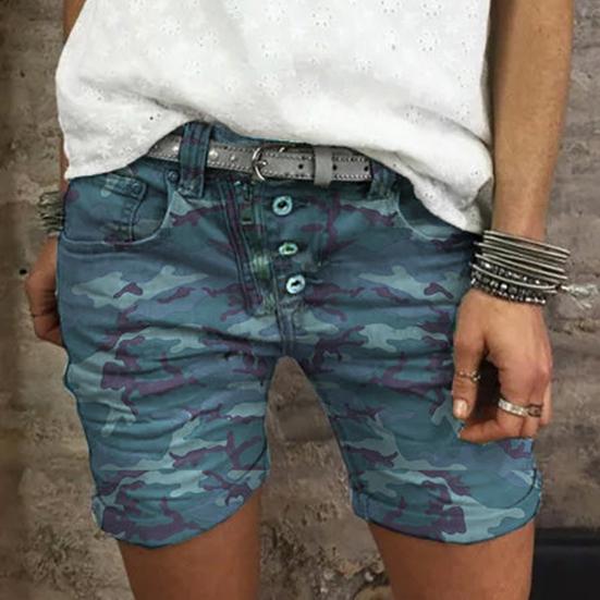 High Waist Camouflage Print Women Shorts All-matched Stretchy Buttons Denim Shorts Streetwear