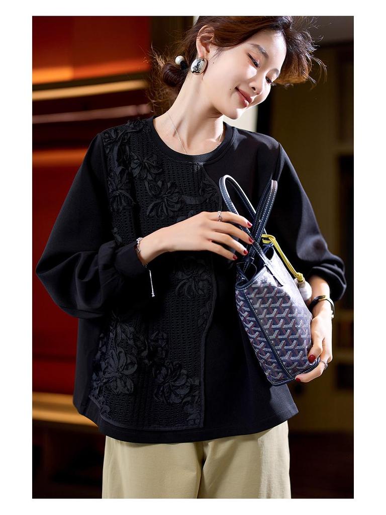 Dámské trendy černé tričko s dlouhým rukávem s výšivkou, zima 2024, nový čínský styl, nadměrná velikost