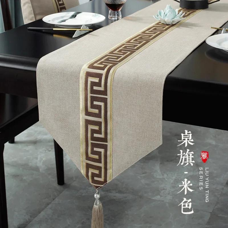 Chinese Style Table Flag Waterproof Oil Resistant Tassel Table Runner Tea House Tea Towels Zen Tea Table Cloth Hotel Bed Flag