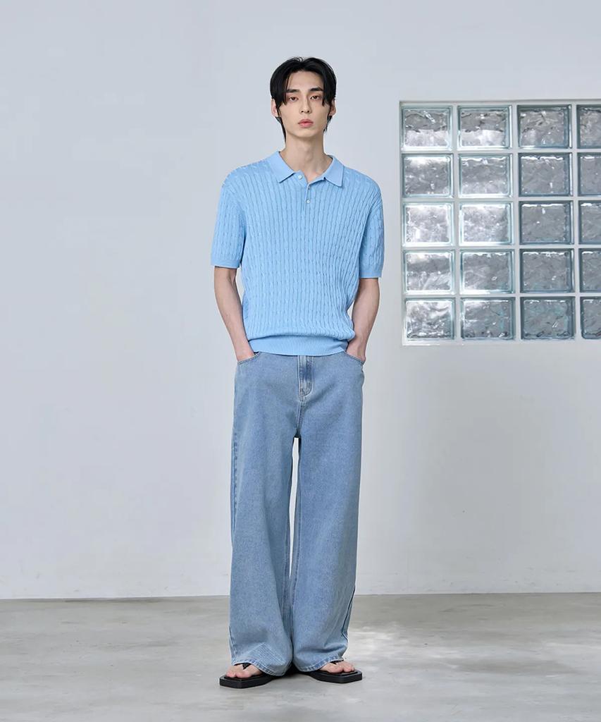 AGOD Cotton Modal Washable Button Collar Cable Half Knit [Sky Blue]