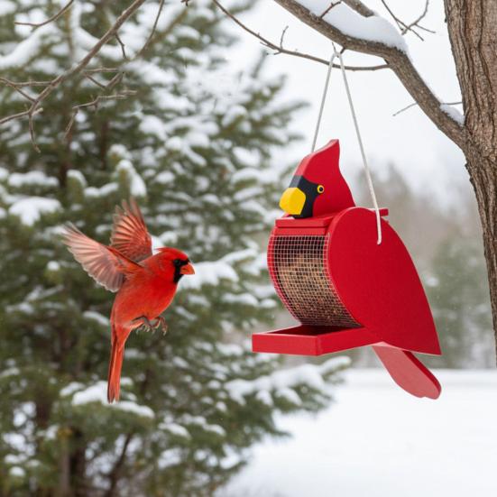 Red Bird Birdseed Dispenser Handcrafted Wooden Bird Feeder Hanging Wild Bird Feeder for Outdoor Garden Backyard Decoration