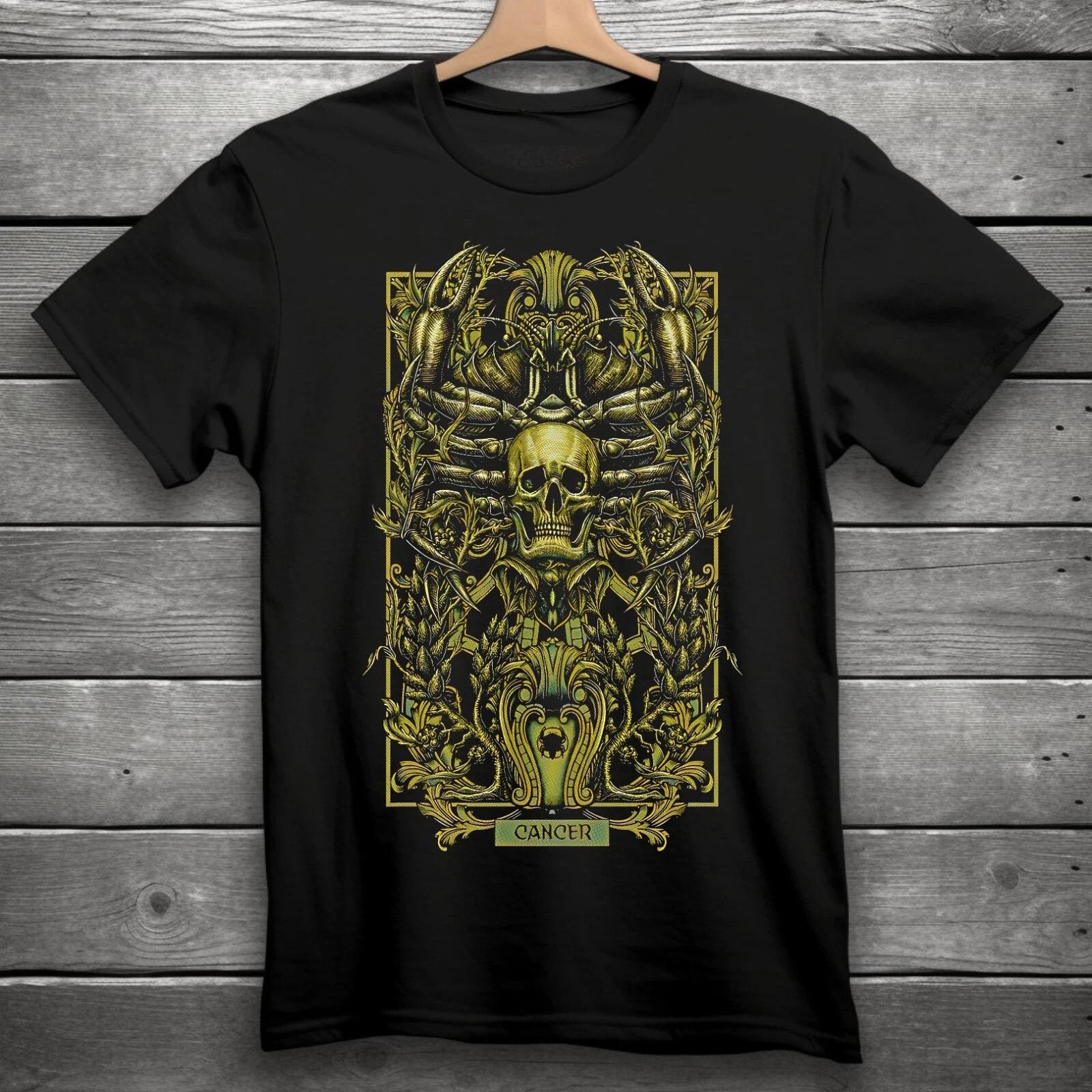 Cancer Zodiac Sign Goth Skull Unisex Black Men s and Women s T-shirts S-3XL XXL