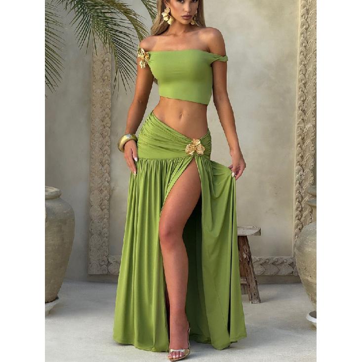 

Articat Комплект топ-жилет та спідниця для жінок Елегантний металевий облягаючий комплект з двох предметів з розрізом Жіночий для вечірки, клубу, відпочинку, пляжного одягу L зелений