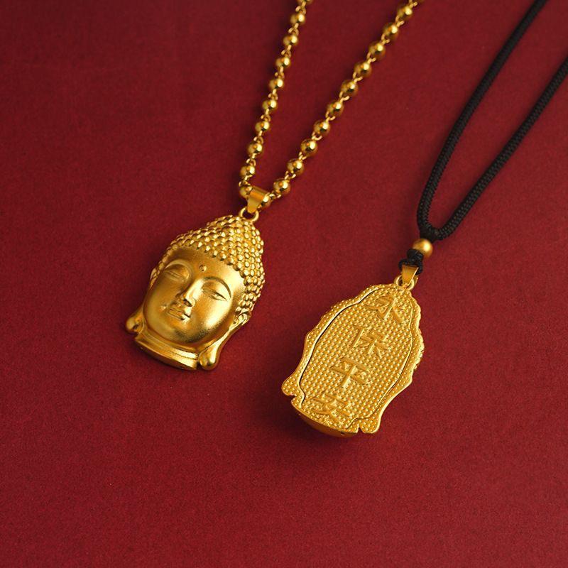 Chinese Style Sand Gold Buddha Head Pendant Necklace - Colorfast Rope Simulation Design