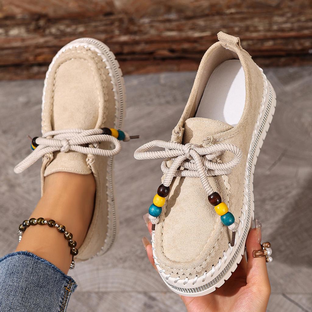 Women's Platform Flats, Front Lace-Up Bohemian Roman Shoes, Vintage Beaded Autumn Booties for Women