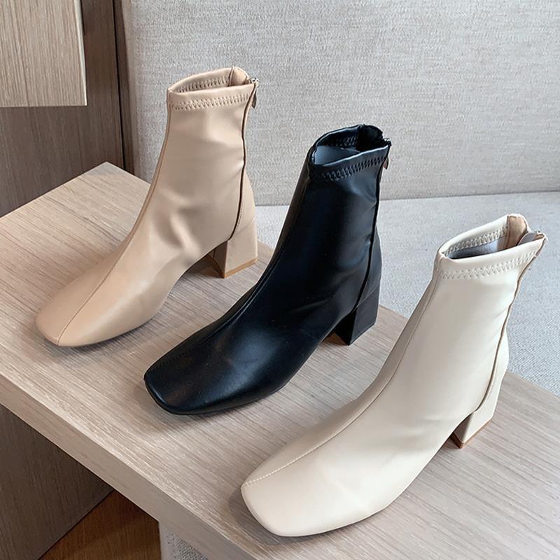 Back zipper thick heel short boots women's new soft leather square head thin versatile commuting non-grinding high heels
