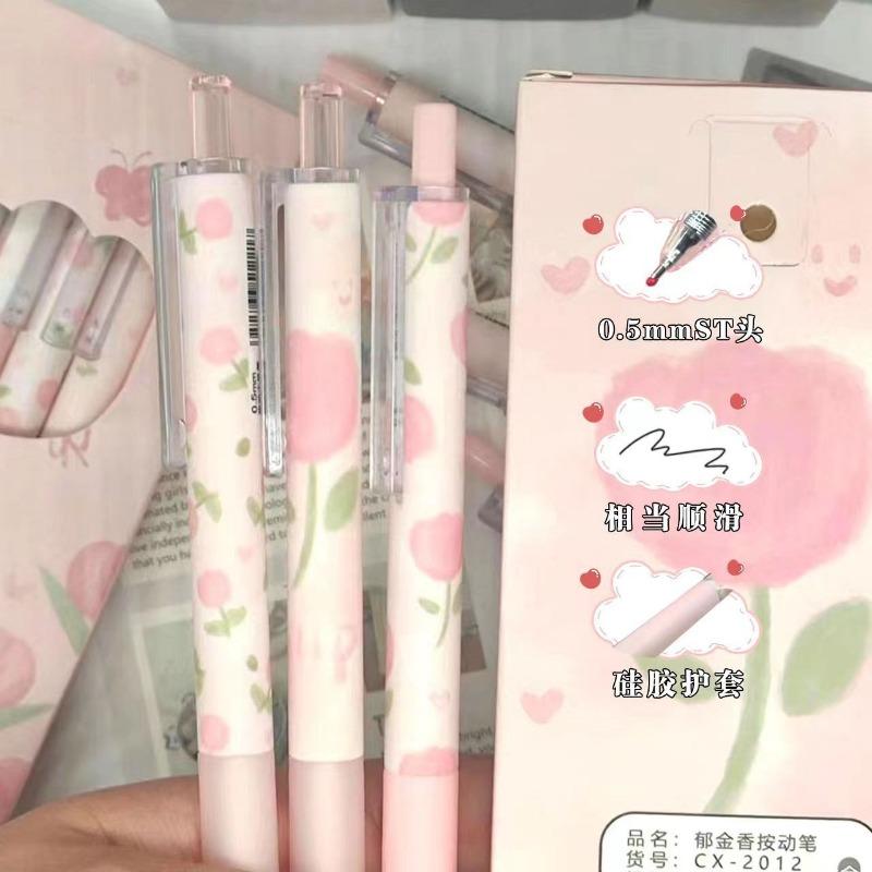 Cute Floral Press Pen Set 0.5mm Head Black Speed Dry Neutral Pen Student Stationery Cartoon Colorful Signature Cute Floral Pen