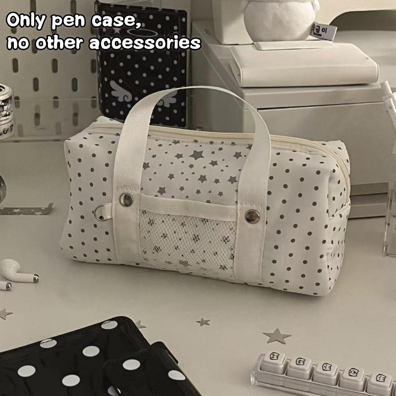 New White Blue Color Star Polka Dot Tote Pencil Case Ins Style Cute Pen Bag For Student Large Capacity Stationery Organizer Bag