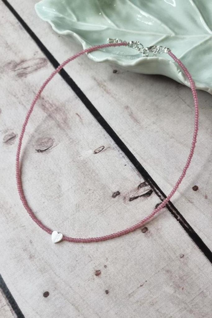 Handmade Choker with dark pink Seed Beads and Natural Heart Shell Pendant