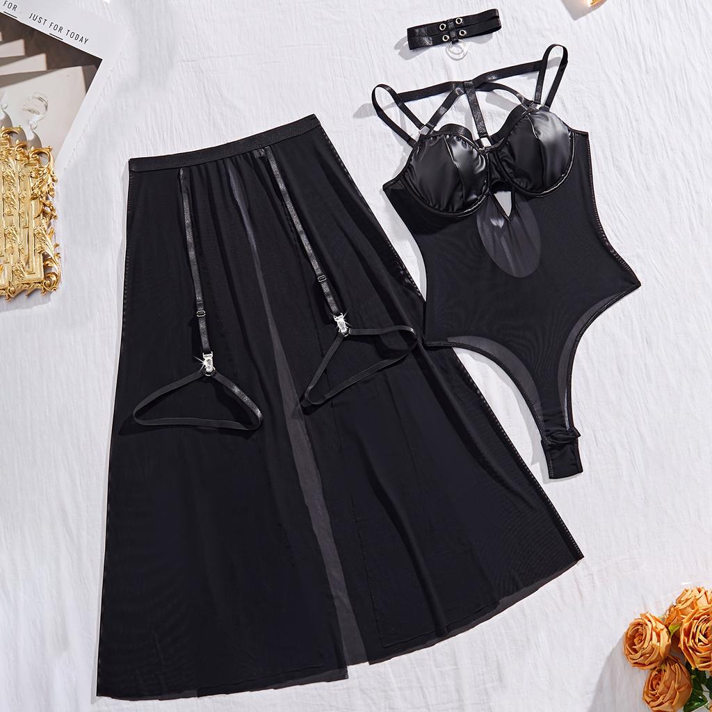 Women's Lingerie Set Patchwork Leather Spaghetti Strap Bodysuit High Split Sheer Skirt with Leg Rings Choker 3 Piece Outfit