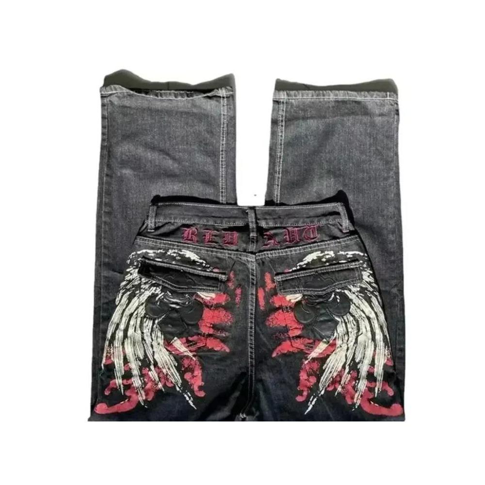 LUXEON American Retro High Street Y2K Personalized Patchwork Letter Embroidered Jeans Gothic Fashion Wide-leg Denim Trousers