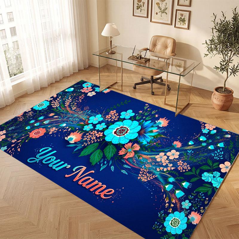 Floral Garden Theme Crystal Velvet Floor Rug Personalized Custom Name Text Warm Carpet Home Decoration