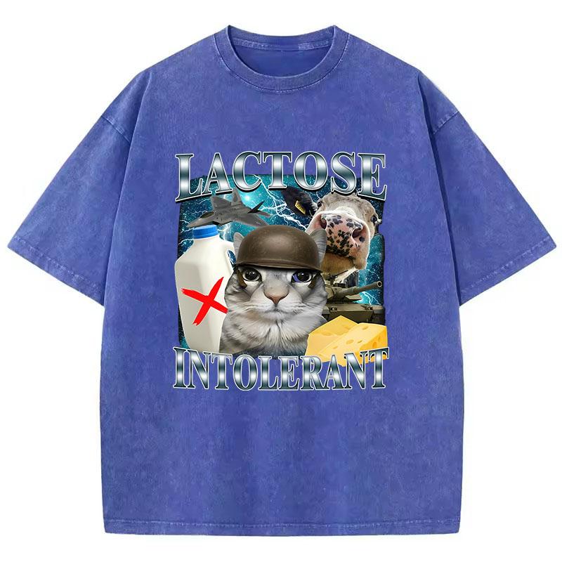 Retro T Shirt Vintage Washed Cotton T-Shirt Lactose Intolerant Funny Cat Meme Graphic Tee Casual Streetwear Spring