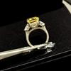 Exaggerated Yellow Diamond Square Sugar Ring Women’s 11 Carat 5A High Carbon Diamond Inlaid 925 Silver.