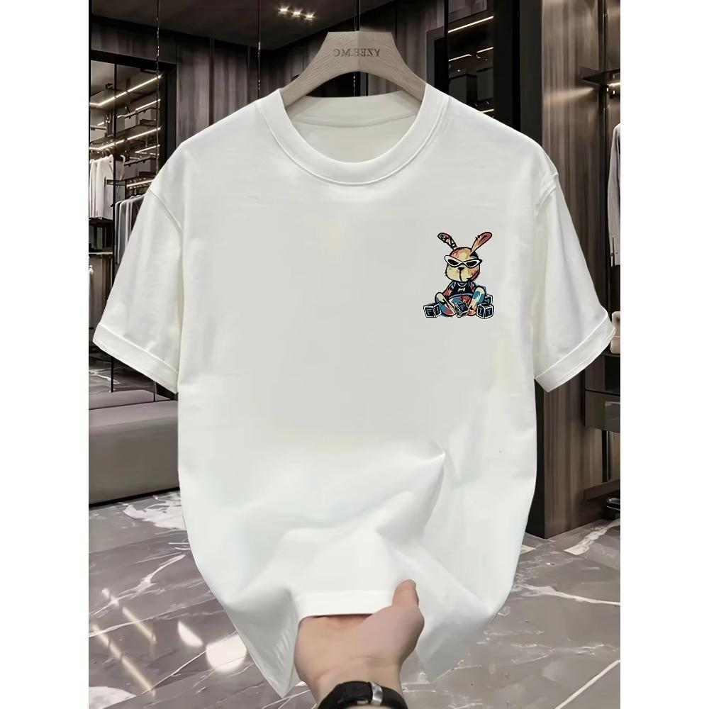 Men's Summer 100% Pure Cotton Fashionable Casual Loose Black Rabbit Cartoon Pattern Printed Round Neck Short Sleeved T-shirt Top