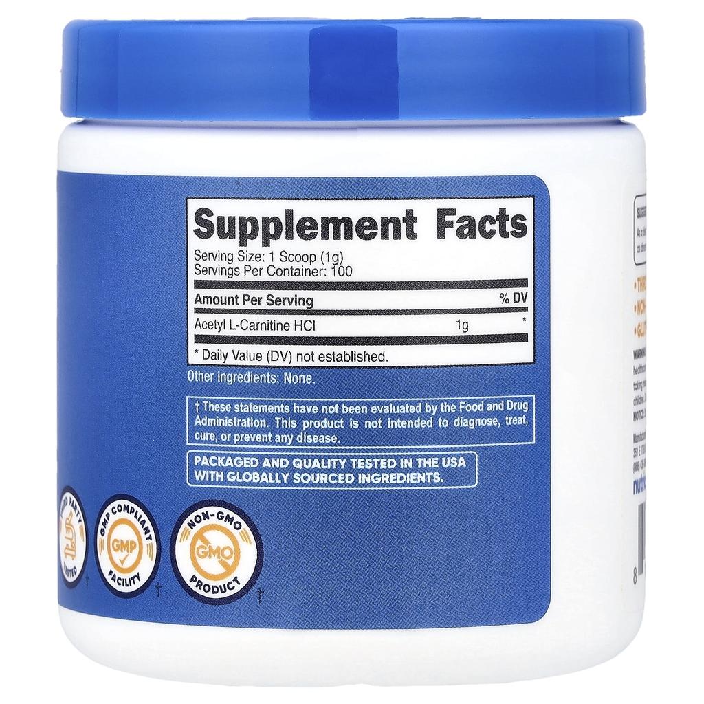 Nutricost, Acetyl L-Carnitine HCl, Unflavored, 100g (3.6oz)