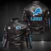 PU Leather Motorcycle Jacket Plus Size Biker Coat NFL Lions Fans Men