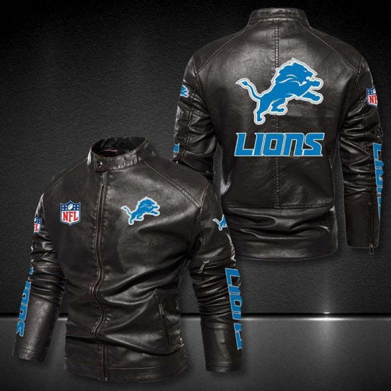 PU Leather Motorcycle Jacket Plus Size Biker Coat NFL Lions Fans Men