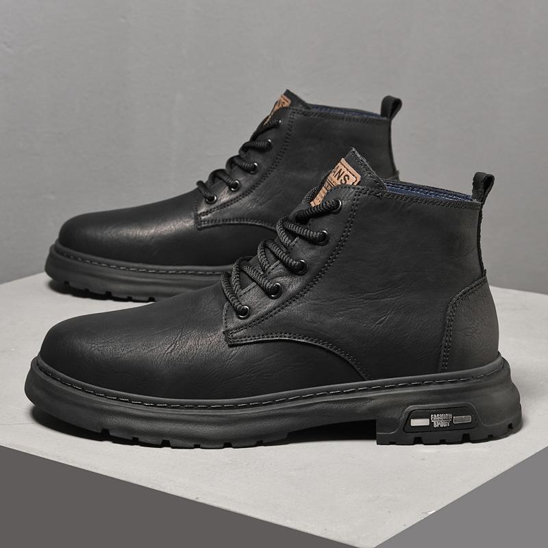 Fashion High Quality Casual Leather Men Motorcycle Boots Classic Outdoor Mens Ankle Boots Winter Warm Plush Fur High Top Shoes Man Botas