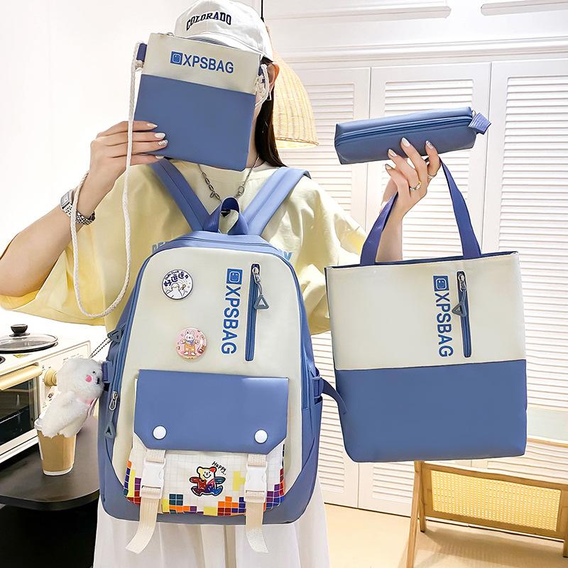 School Bag Campus Backpack Four-piece Contrasting Color New Primary School School Bag Female Large-capacity Junior High School Backpack