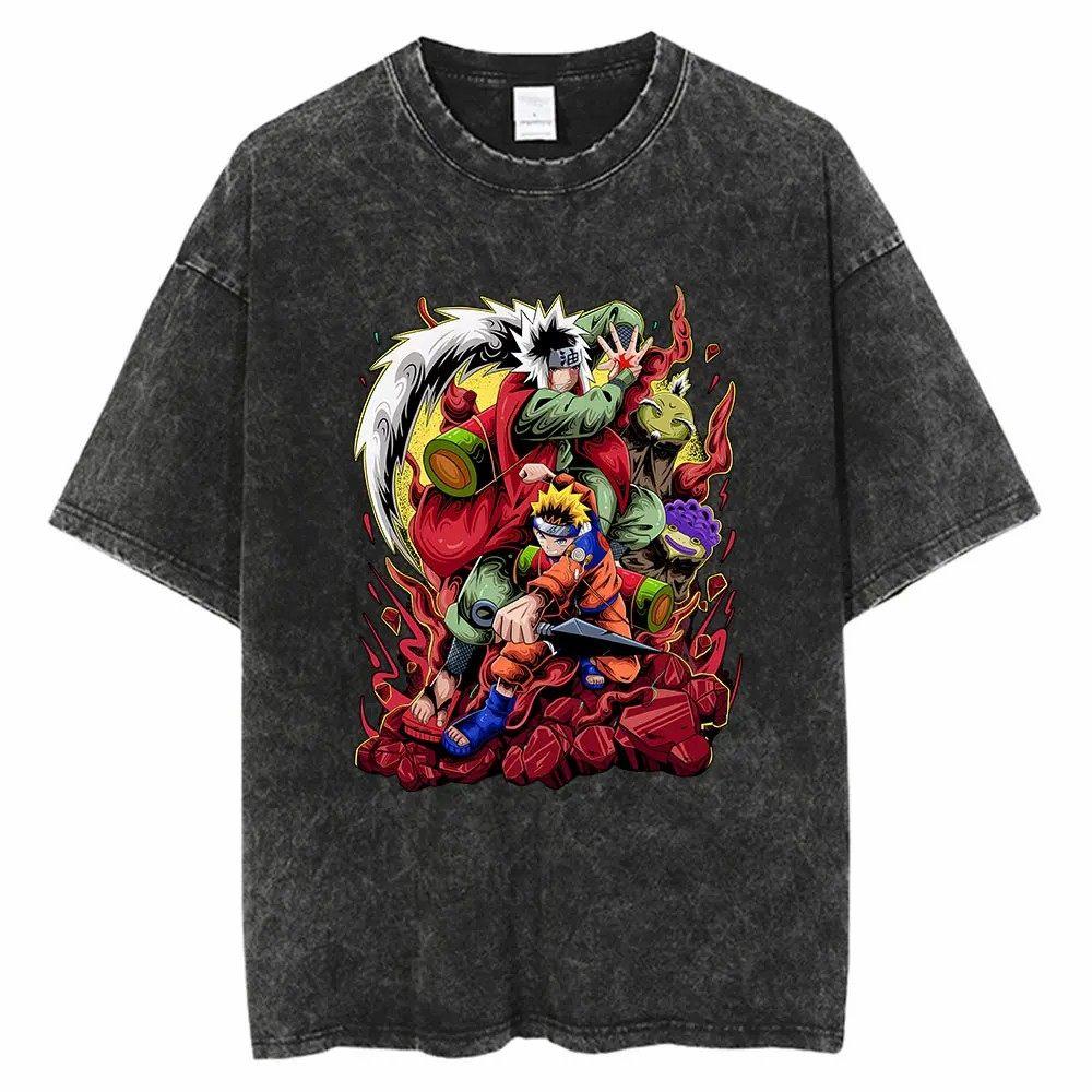 Streetwear Washed Naruto Anime T-shirt for Men and Women Pure Cotton Summer New Short Sleeve Retro Vintage Design