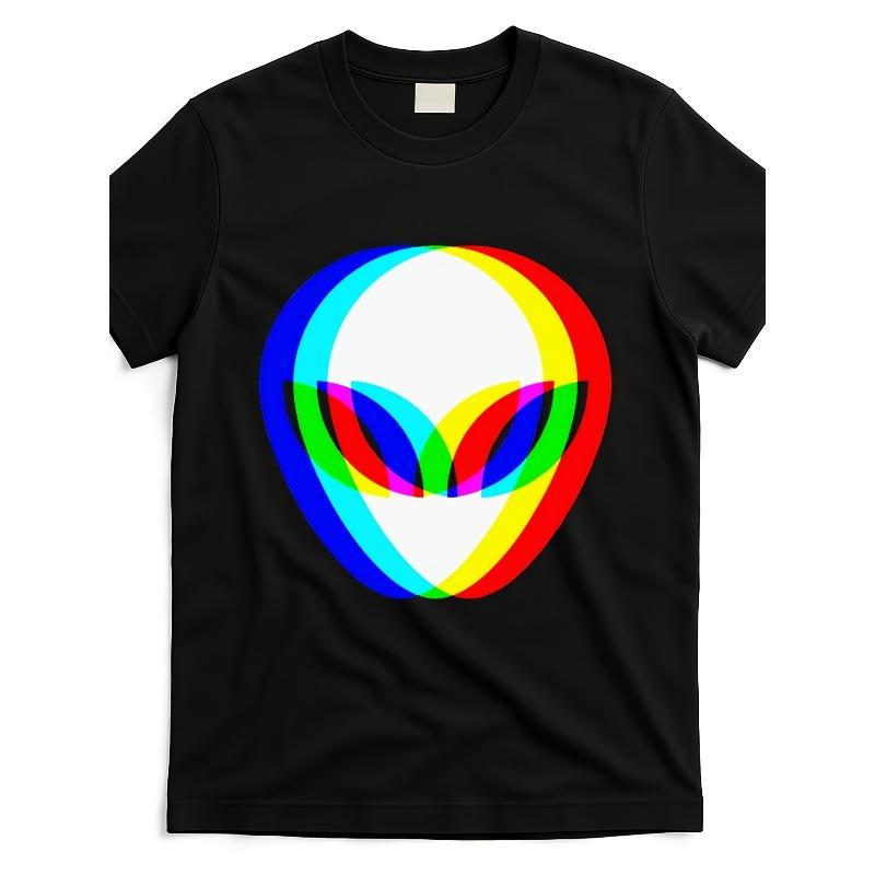 European Sizes Alien Head Trippy Vaporwave Graphic T-Shirt - Retro Style Tee with Vibrant Rainbow Print, Casual Shirt for Men, Comfort Fit
