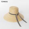 Neuer Vintage Frühling Sommer Mode Großer Rand Stroh Damen Handgefertigt Flache Krone Sonnenhut Strandhut Fadora Hut Für Frau Derby Hut