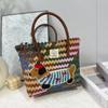 Casual PP Woven Handbags Stripe Woven Straw Bag Large Capacity Bamboo Handle Weaving Basket Female