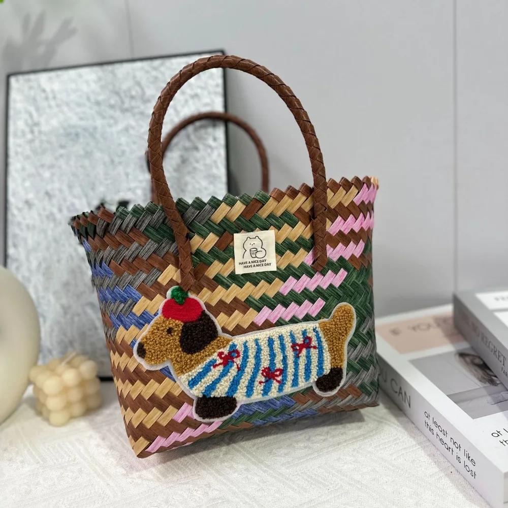 Casual PP Woven Handbags Stripe Woven Straw Bag Large Capacity Bamboo Handle Weaving Basket Female
