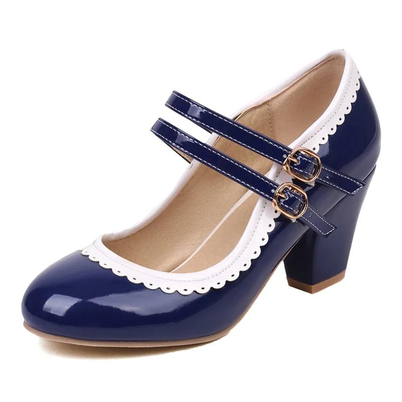 Pink Patent Leather Double Ankle Strap Mary Janes Women High Block Heels White Purple Bordered Sweet Dress Lady Round Toe Pumps