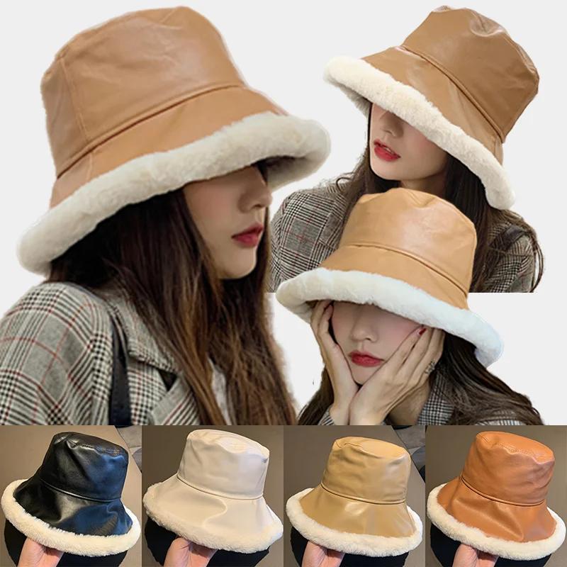 Fashion Autumn Winter Pu Leather Bucket Hats For Women Adjustable Foldable Lamb Wool Outdoor Warm Panama Female Fisherman Caps